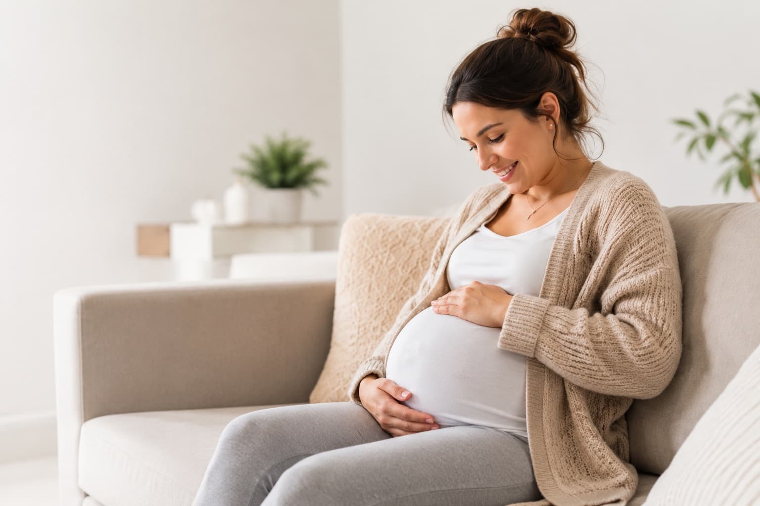Une femme enceinte assise sur un canapé, les mains sur son ventre