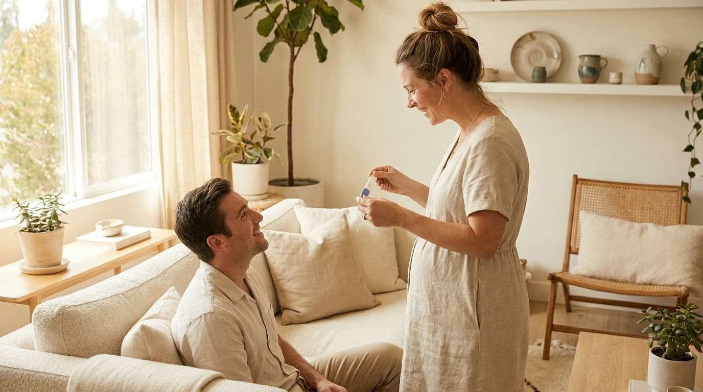 Femme debout montrant un test de grossesse à un homme assis dans un salon lumineux (image générée par IA)