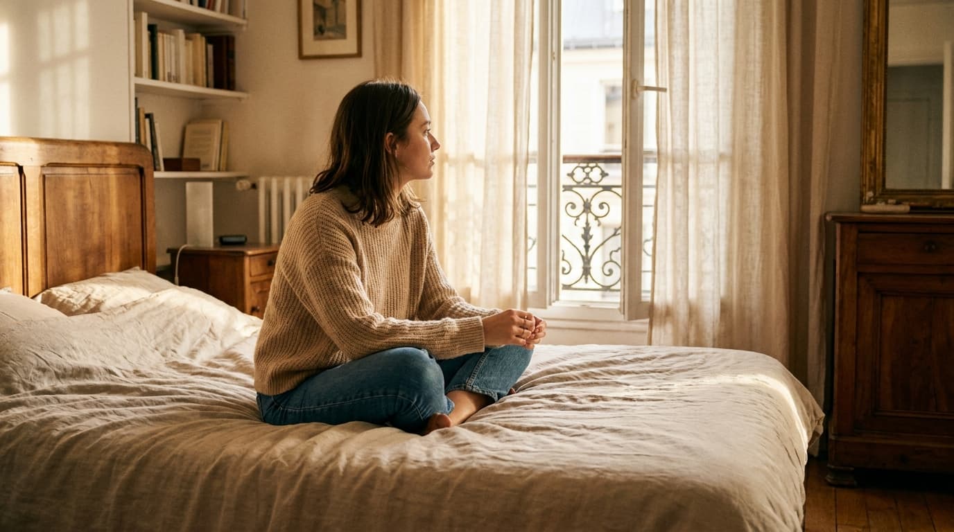 Femme assise en tailleur sur un lit, regard tourné vers la fenêtre en lumière douce (image générée par IA)