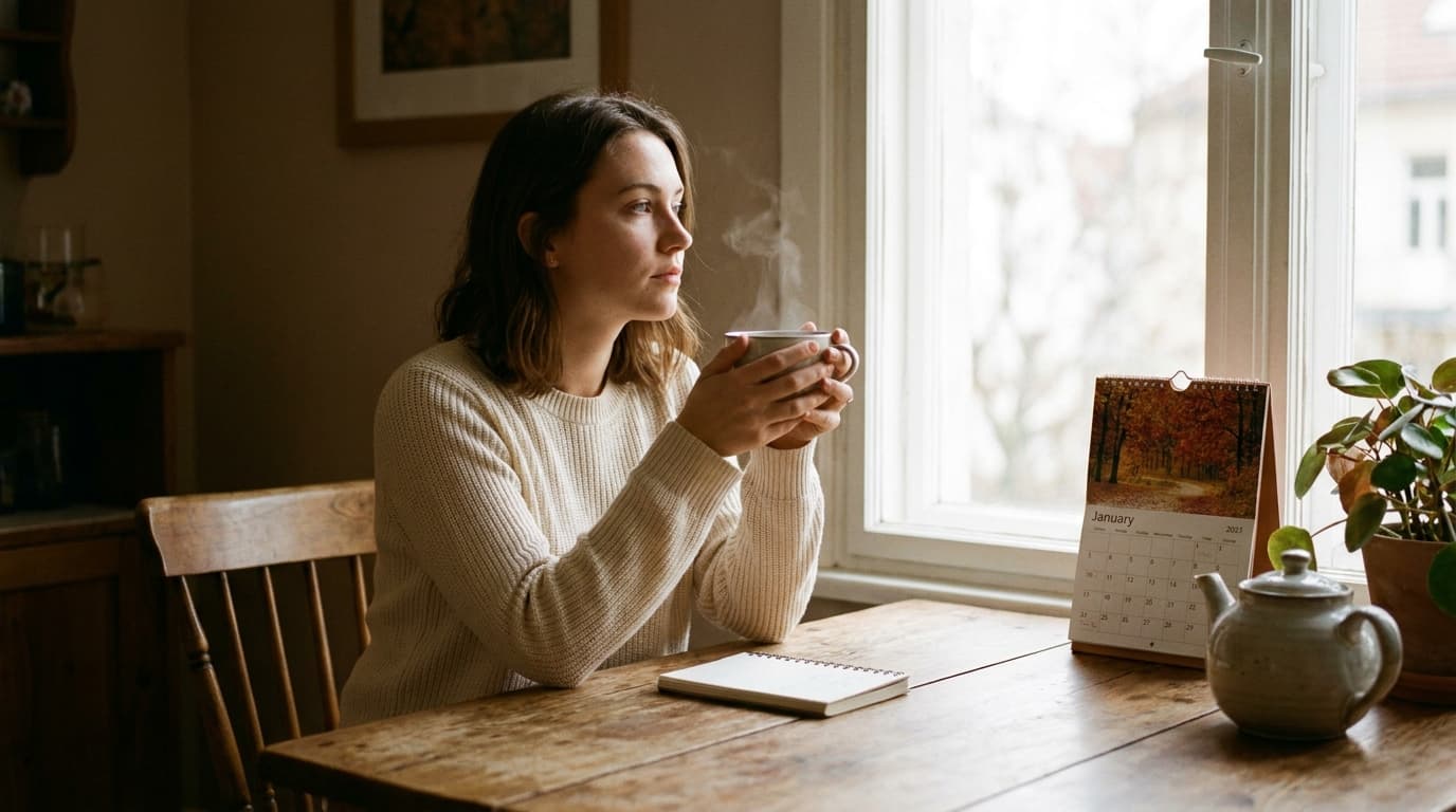 Jeune femme en pull crème tenant une tasse près d'une fenêtre, avec calendrier et carnet sur la table (image générée par IA)