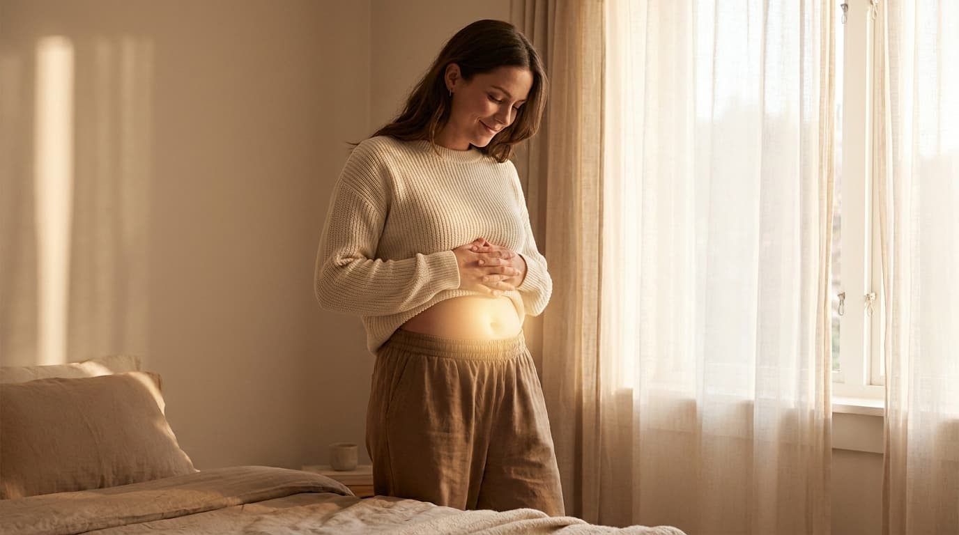 Jeune femme en pull crème se tenant le ventre dans une chambre lumineuse (image générée par IA)