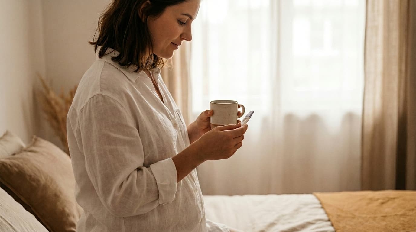 Femme de profil tenant un test de grossesse et une tasse dans une chambre douce (image générée par IA)