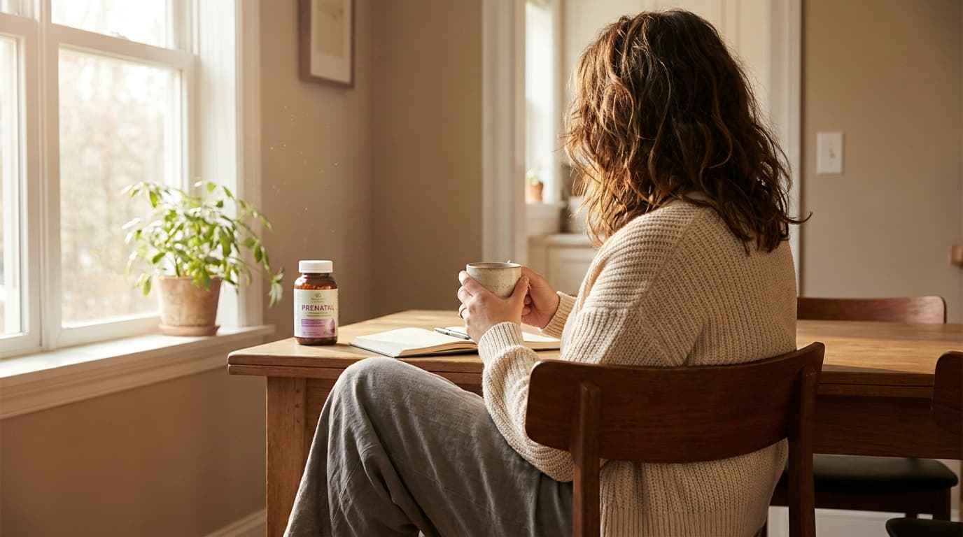 Femme assise de dos à table, tenant une tasse près d'un carnet et d'un flacon de vitamines prénatales (image générée par IA)
