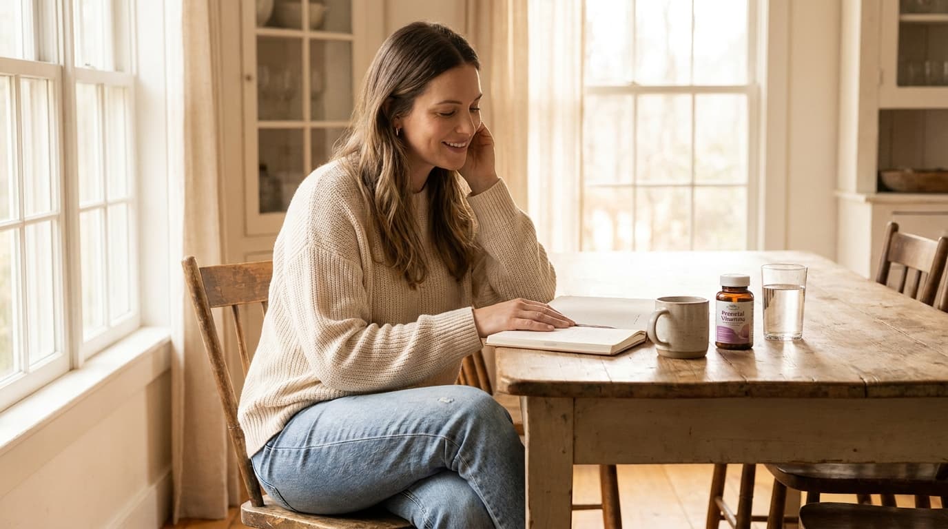 Femme assise à une table, carnet, tasse, flacon de vitamines prénatales et verre près d'elle, lumière douce et chaude (image générée par IA)