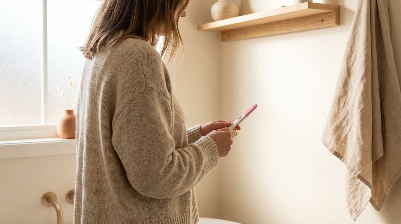 Femme en pull doux tenant un test de grossesse dans une salle de bain lumineuse (image générée par IA)