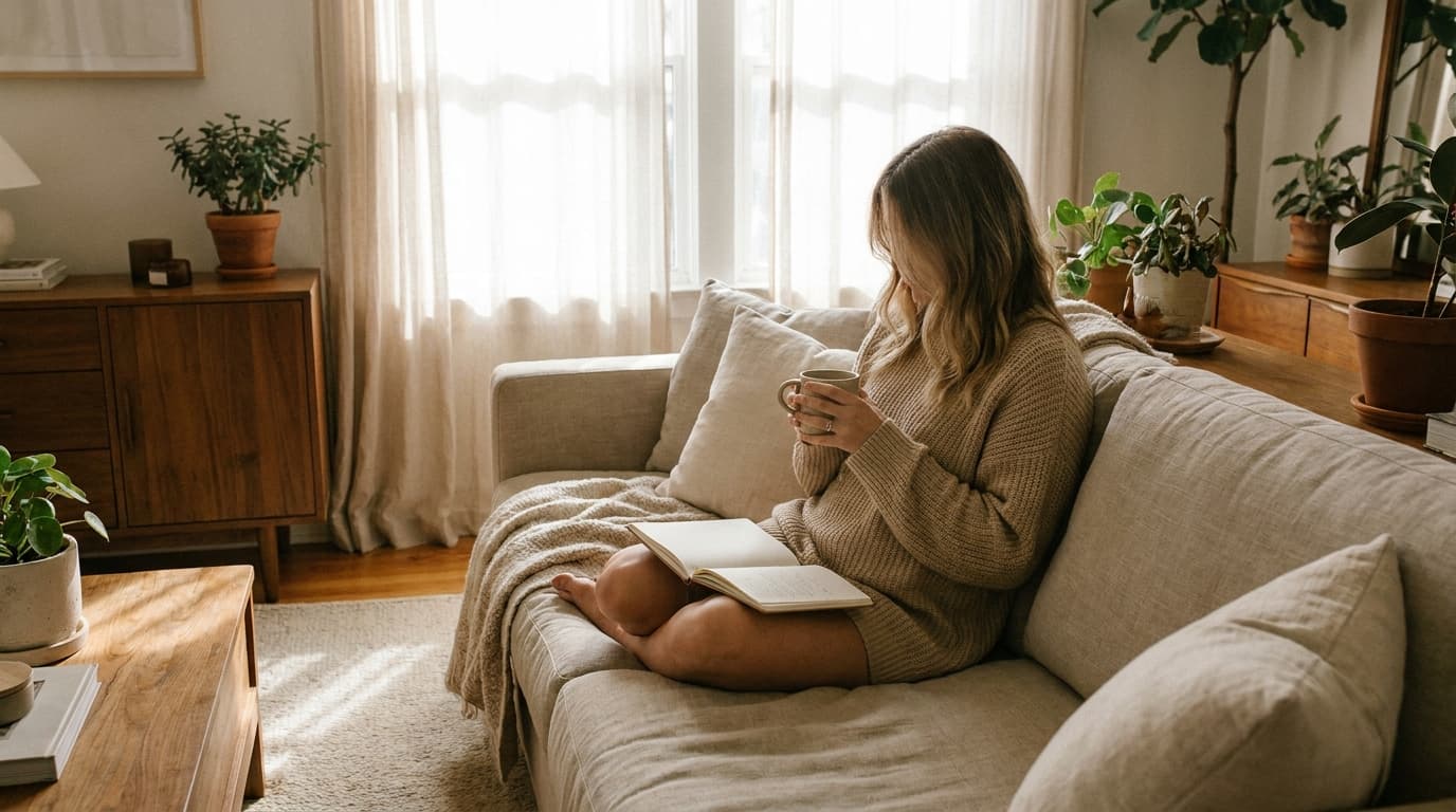 Femme assise sur un canapé, tenant une tasse et un carnet ouvert sur ses genoux (image générée par IA)