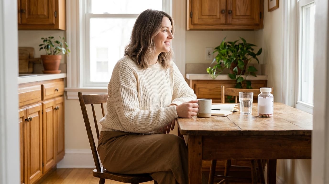 Femme assise à une table de cuisine avec tasse, carnet, verre d'eau et flacon de vitamines (image générée par IA)