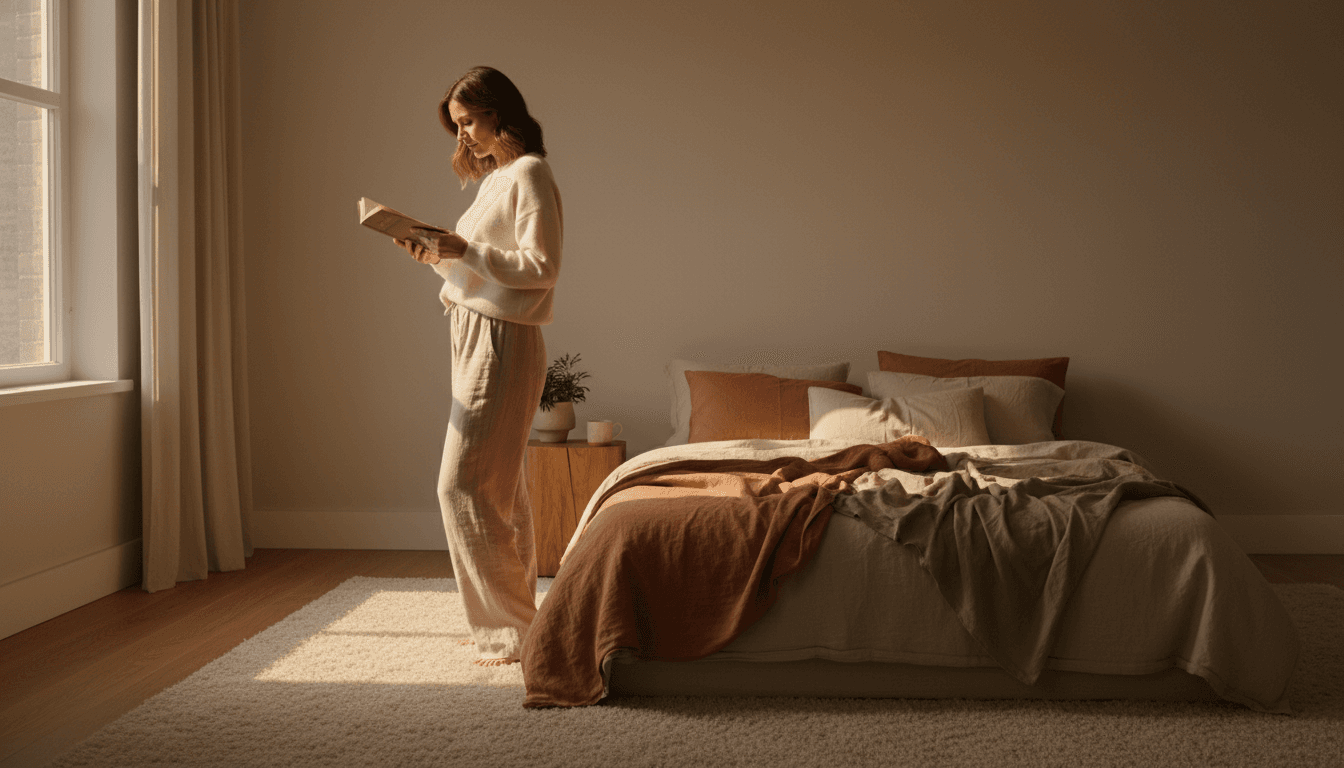 Une femme lit un livre debout dans une chambre lumineuse aux tons chauds (image générée par IA)