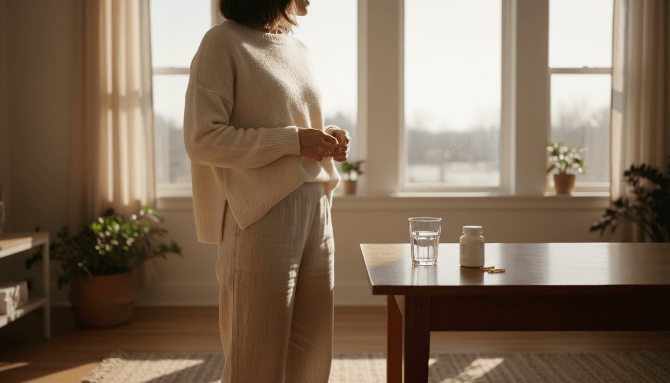 Femme debout en tenue claire près d'une table avec un verre d'eau et des vitamines m (image générée par IA)