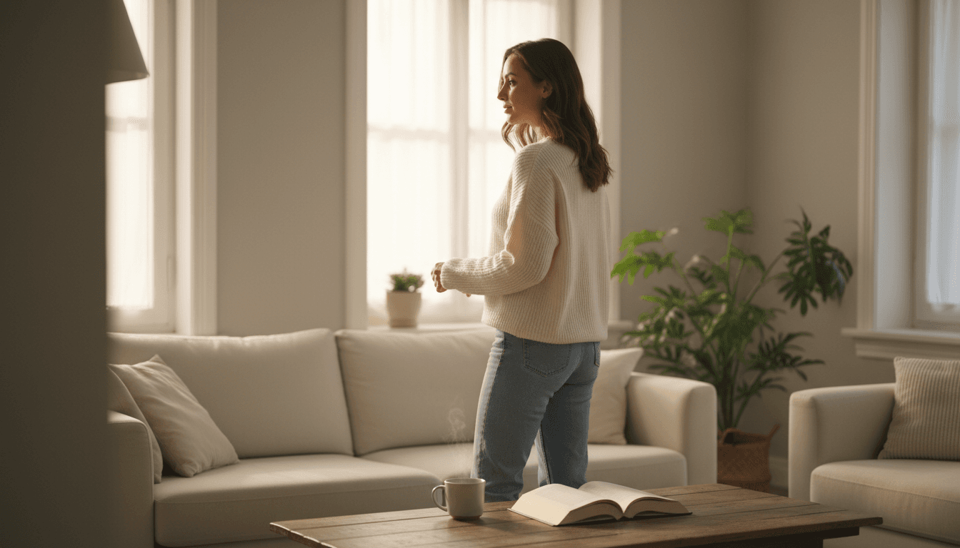 Femme en pull crème près d'une fenêtre, salon clair avec livre et tasse de thé (image générée par IA)