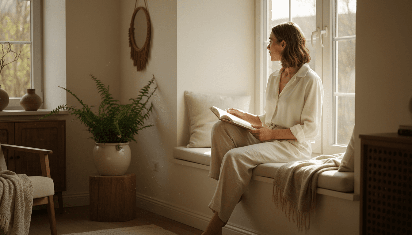 Femme assise sur un rebord de fenêtre, lisant un livre dans une pièce lumineuse et chaleureuse (image générée par IA)