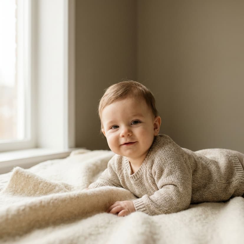 Bébé allongé sur une couverture douce, près d'une fenêtre lumineuse (image générée par IA)