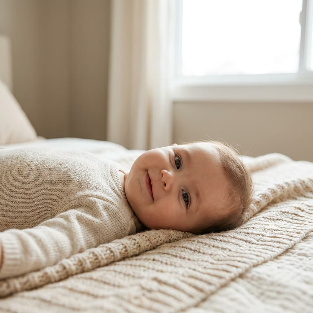 Bébé allongé sur une couverture texturée près d'une fenêtre lumineuse (image générée par IA)