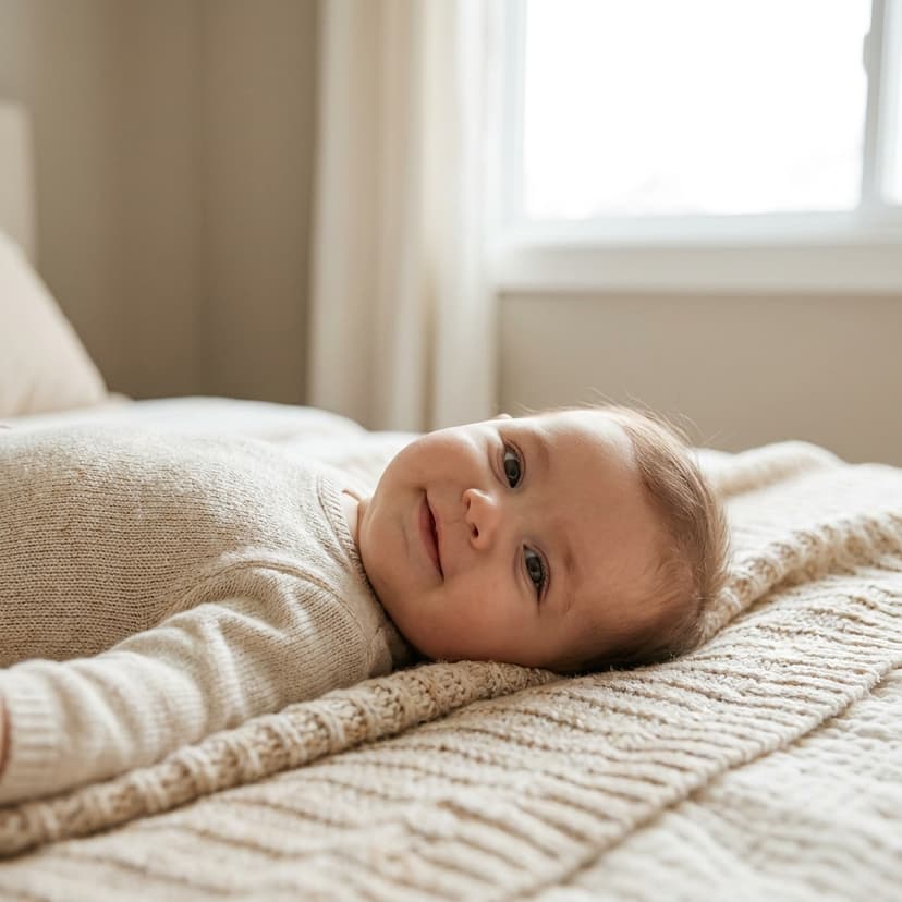 Bébé allongé sur une couverture texturée près d'une fenêtre lumineuse (image générée par IA)