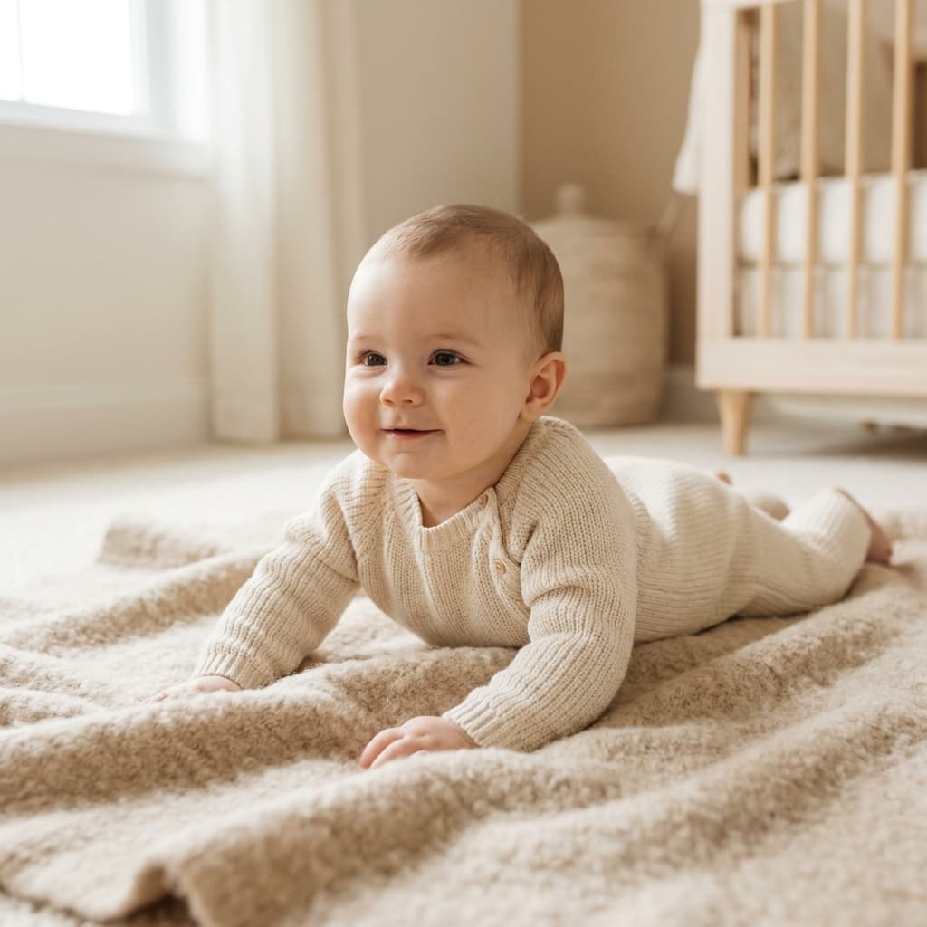 Bébé allongé sur un plaid beige, éclairé par une lumière naturelle douce (image générée par IA)
