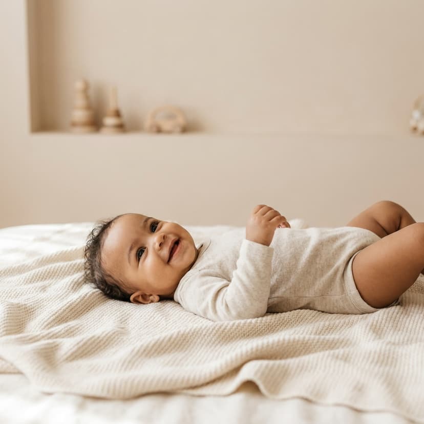 Bébé allongé sur une couverture claire, souriant sous une lumière naturelle douce (image générée par IA)