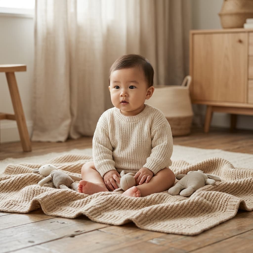 Bébé asiatique assis sur une couverture beige, entouré de jouets en tissu dans un intérieur lumineux (image générée par IA)