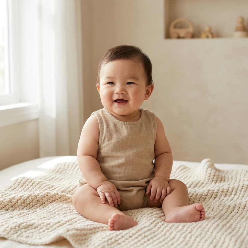 Bébé asiatique assis sur une couverture beige, souriant dans une chambre lumineuse (image générée par IA)