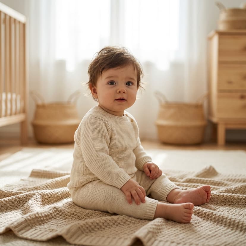 Bébé assis sur une couverture beige, regard tourné vers l'objectif, dans une chambre lumineuse (image générée par IA)