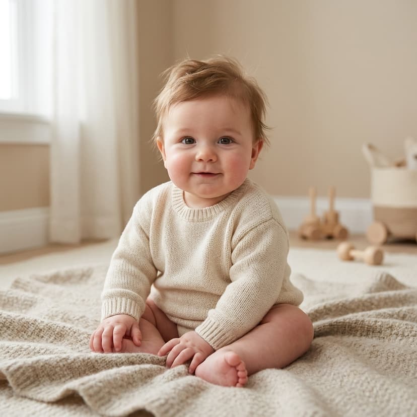 Bébé assis sur une couverture beige, regard tourné vers l'objectif, dans une pièce lumineuse (image générée par IA)