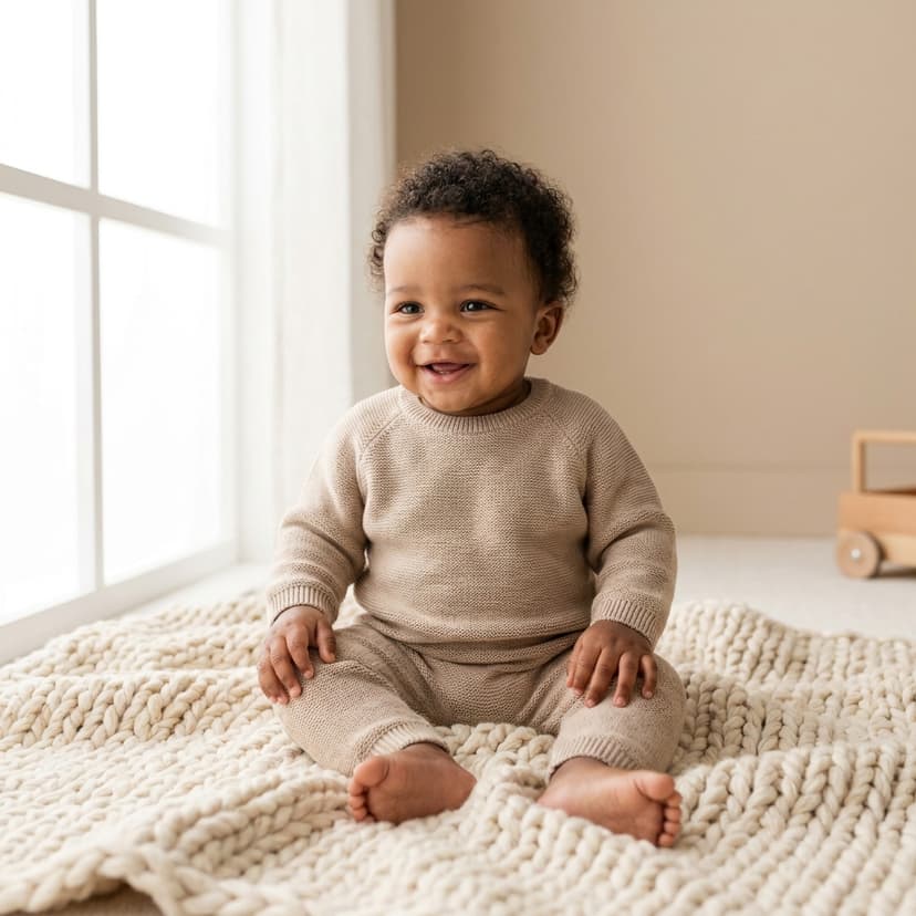 Bébé assis sur une couverture tricotée, près d'une fenêtre lumineuse (image générée par IA)