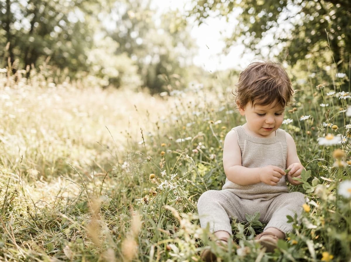 Petit enfant assis dans l'herbe parmi des fleurs sauvages, lumière douce naturelle (image générée par IA)