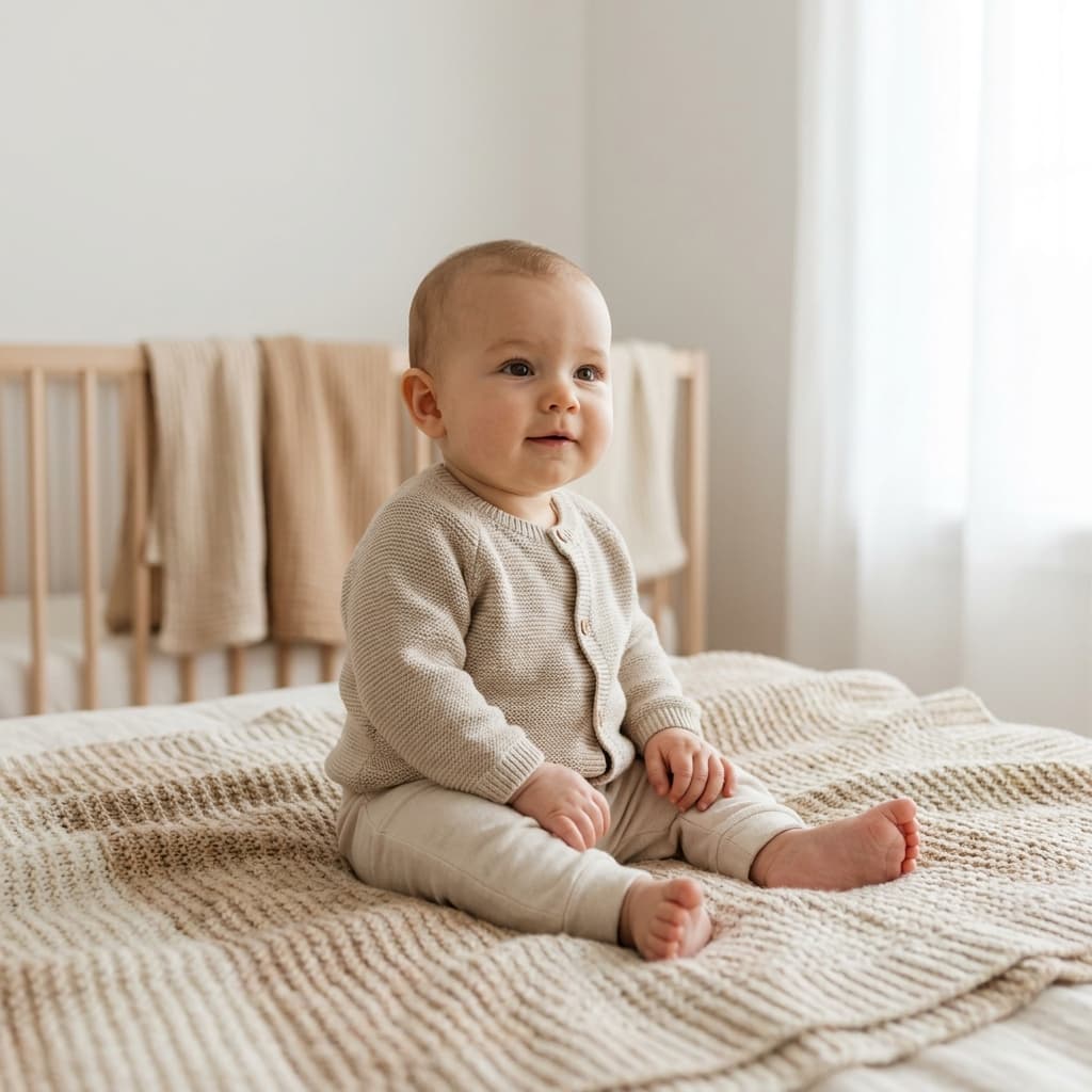 Bébé assis sur un lit, portant un gilet beige et un pantalon clair (image générée par IA)