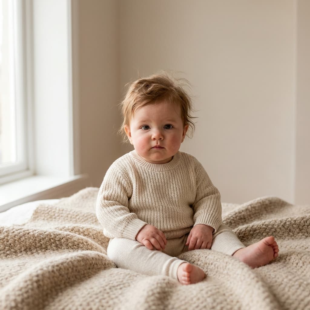 Bébé assis sur une couverture texturée, près d'une fenêtre, dans une pièce beige lumineuse (image générée par IA)
