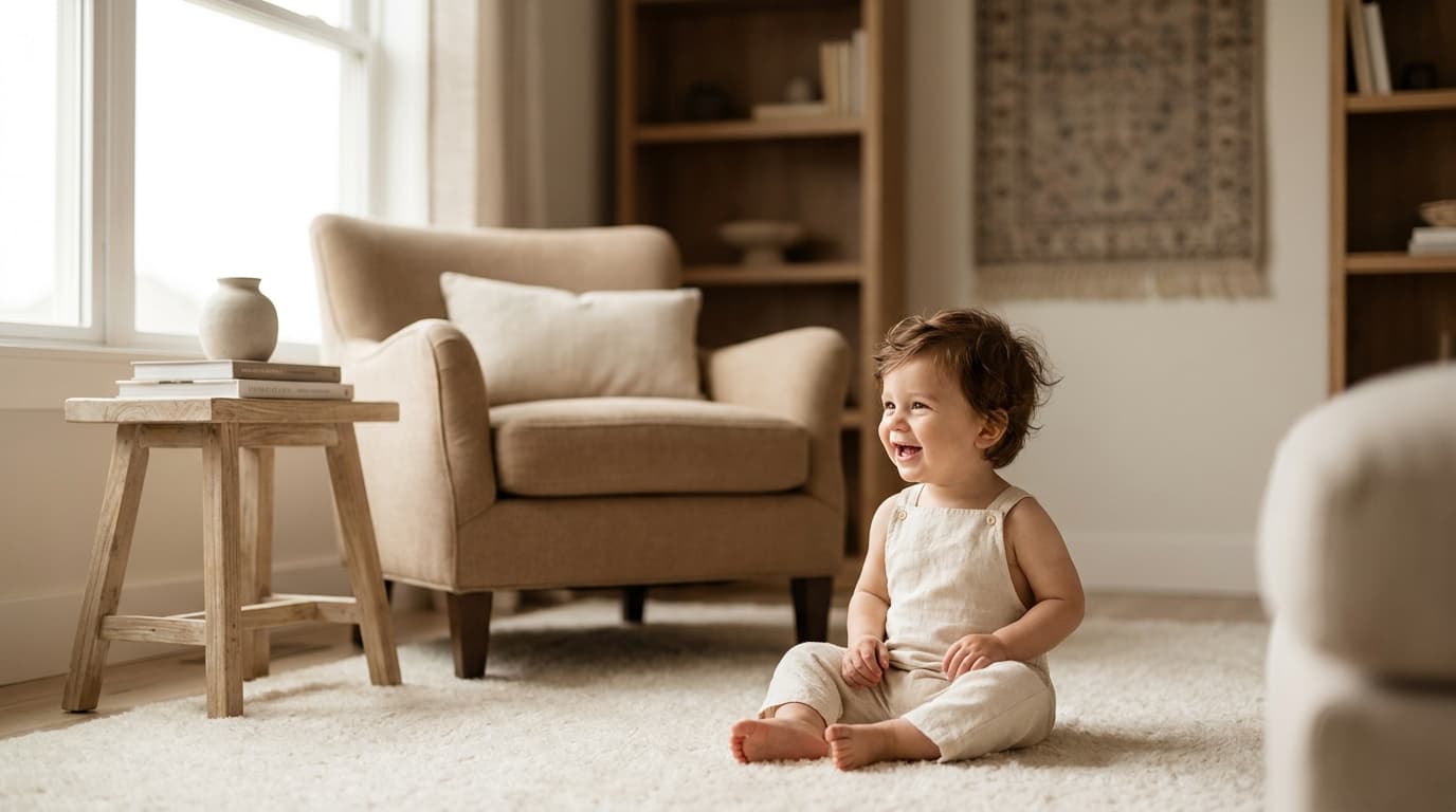 Bébé assis sur un tapis clair dans un salon lumineux, près d'un fauteuil beige (image générée par IA)