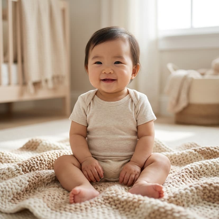 Bébé assis sur une couverture en tricot, souriant dans une chambre lumineuse (image générée par IA)