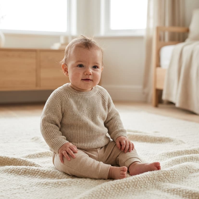 Bébé assis sur un tapis moelleux, vêtu de beige dans une chambre lumineuse (image générée par IA)