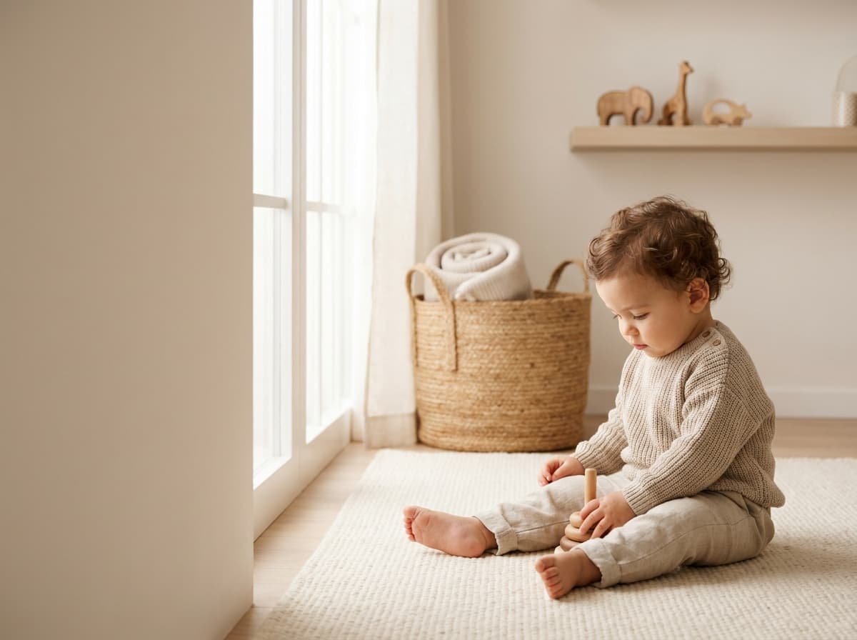 Bébé assis sur un tapis clair près d'une fenêtre, jouets en bois derrière lui (image générée par IA)