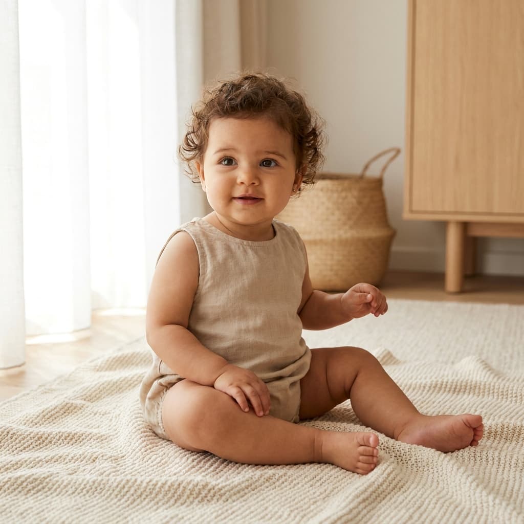 Bébé assis sur une couverture beige, près d'une fenêtre lumineuse (image générée par IA)