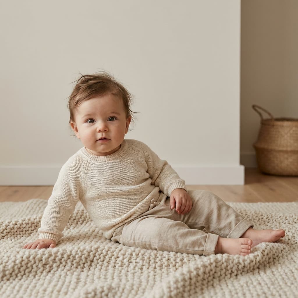 Bébé assis sur un tapis en maille beige, regardant l'objectif dans une pièce lumineuse (image générée par IA)