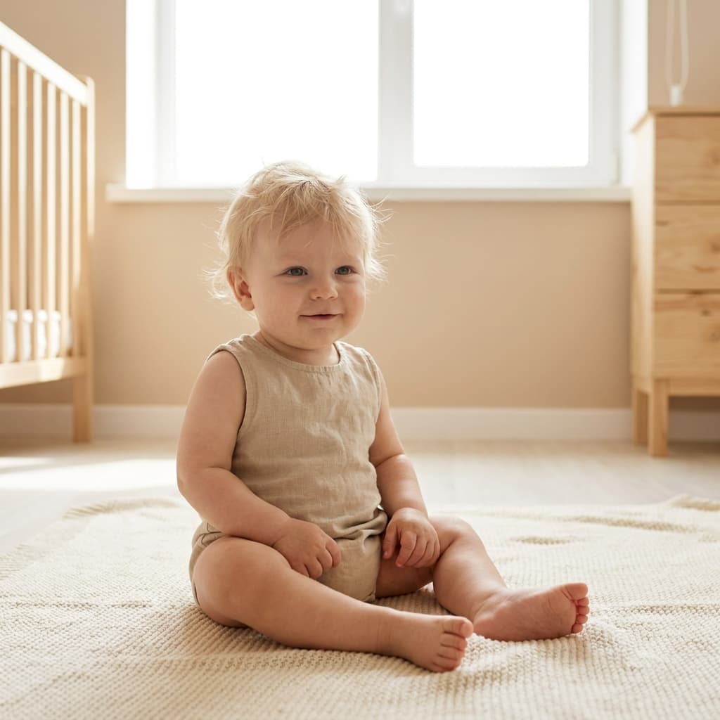 Bébé blond assis sur un tapis clair dans une chambre lumineuse (image générée par IA)