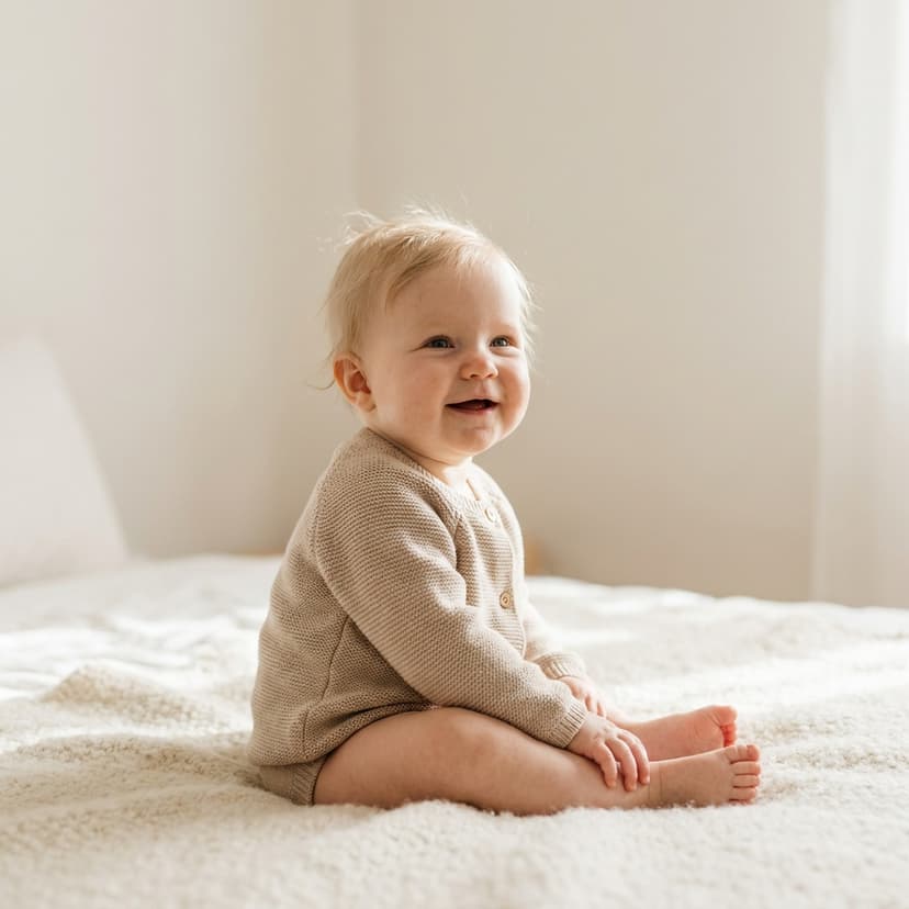 Bébé blond assis sur une couverture moelleuse, souriant dans une pièce claire (image générée par IA)