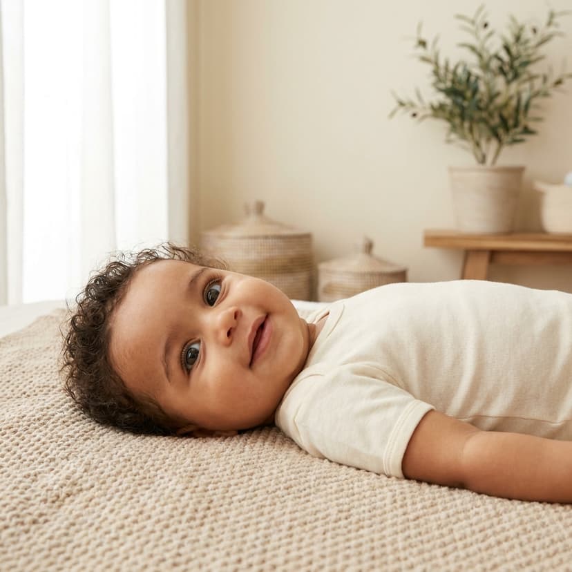 Bébé allongé sur une couverture beige, regard tourné vers l'objectif, décor clair en arrière-plan (image générée par IA)