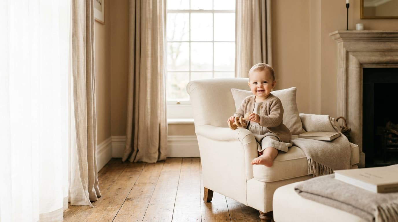 Bébé fille assise sur un fauteuil clair près d'une fenêtre, dans un salon chaleureux et lumineux (image générée par IA)