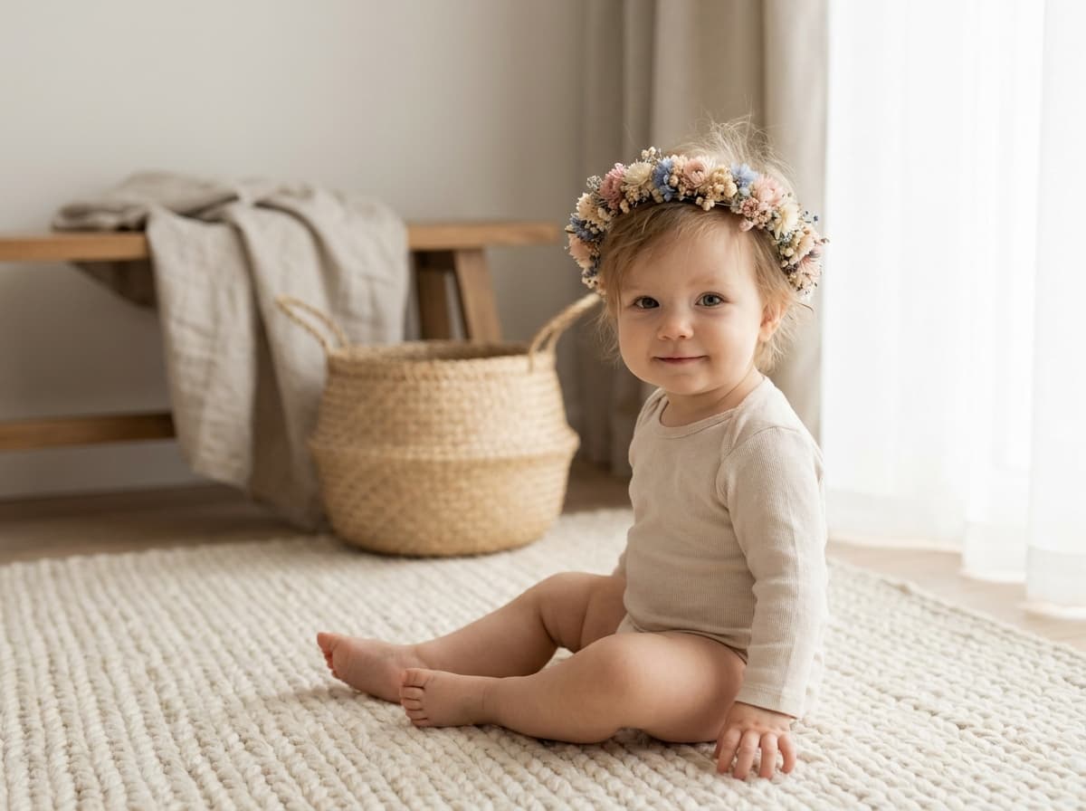 Bébé fille avec une couronne de fleurs assise sur un tapis clair, panier tressé en arrière-plan (image générée par IA)