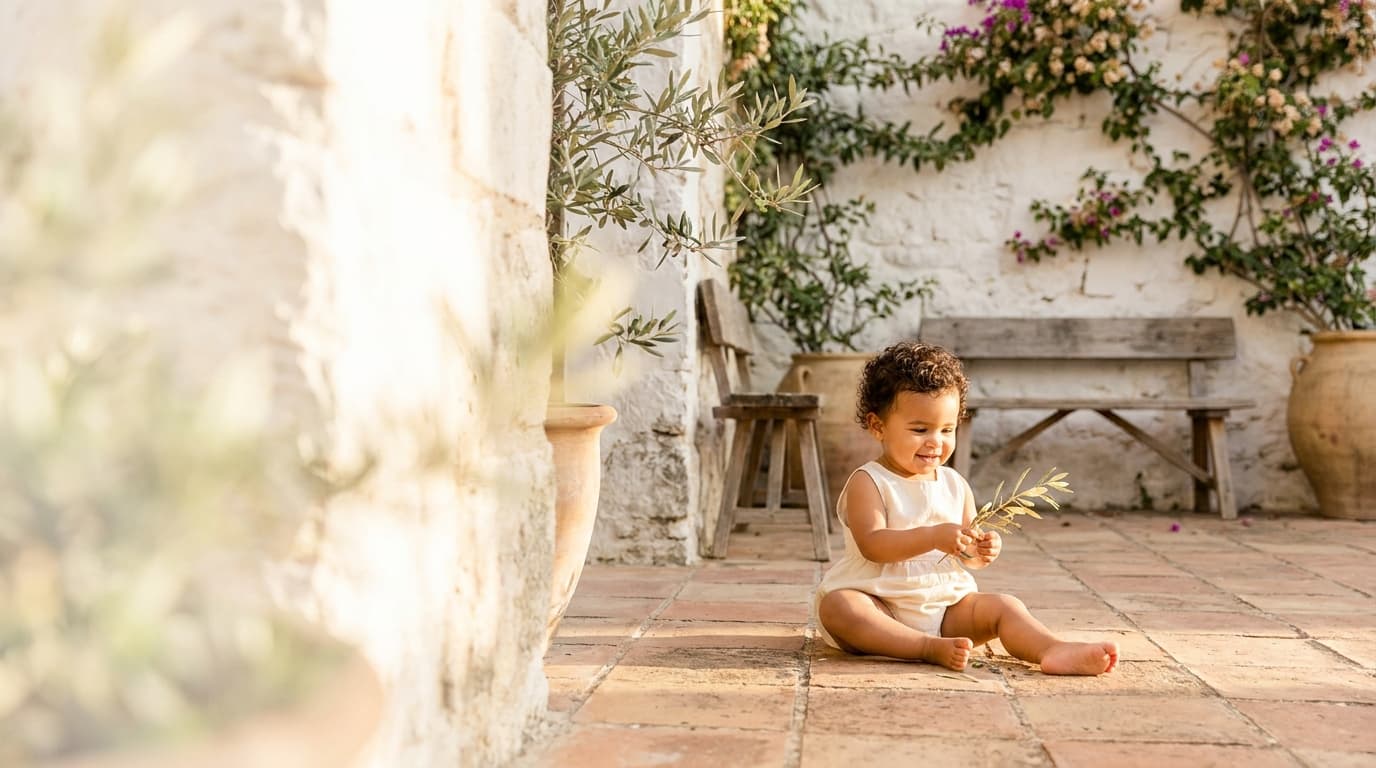Bébé fille assise sur une terrasse ensoleillée, tenant une branche d'olivier devant un mur blanc (image générée par IA)