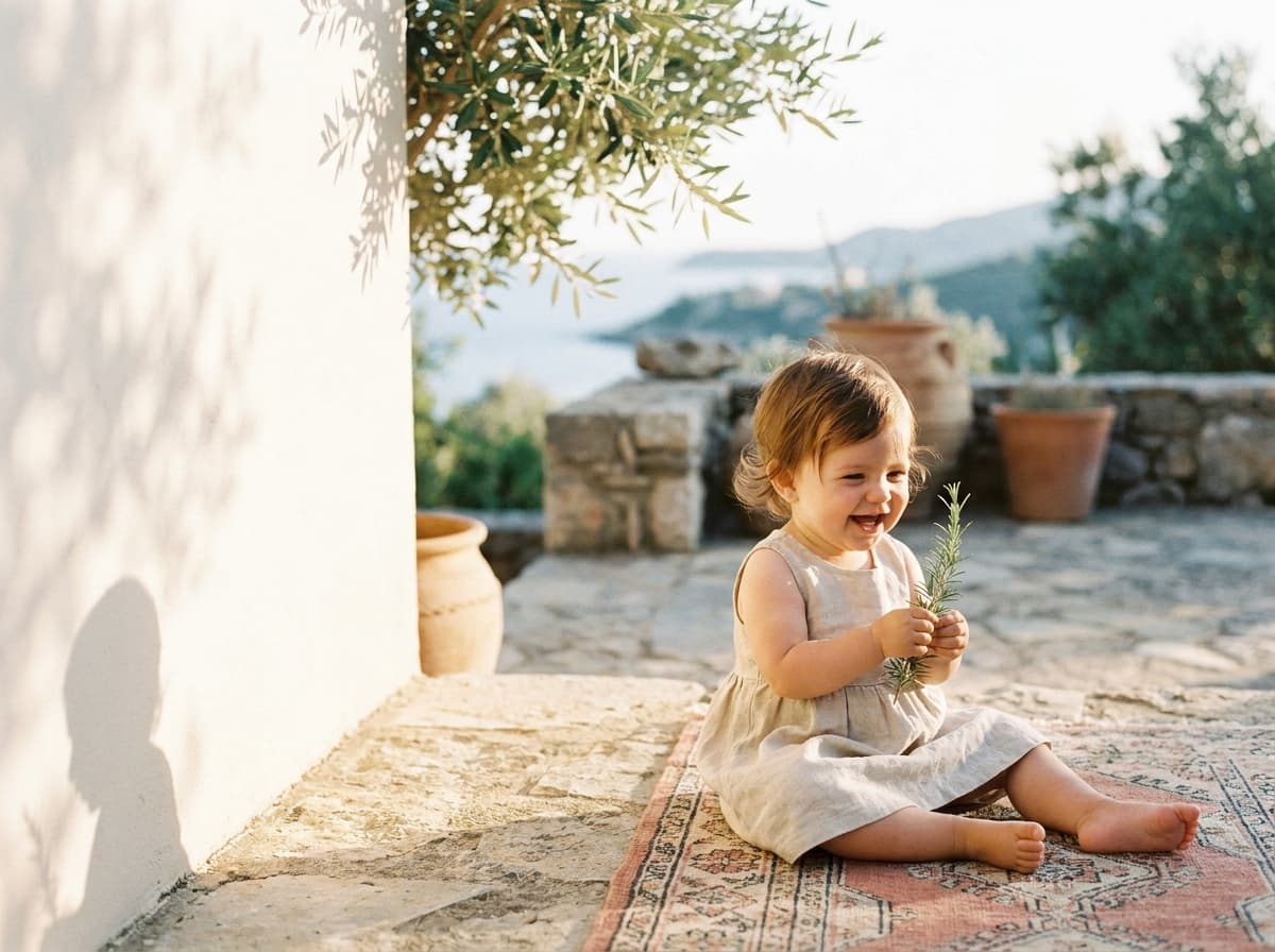 Bébé fille assise sur un tapis sur une terrasse en pierre, tenant une branche, lumière chaude (image générée par IA)