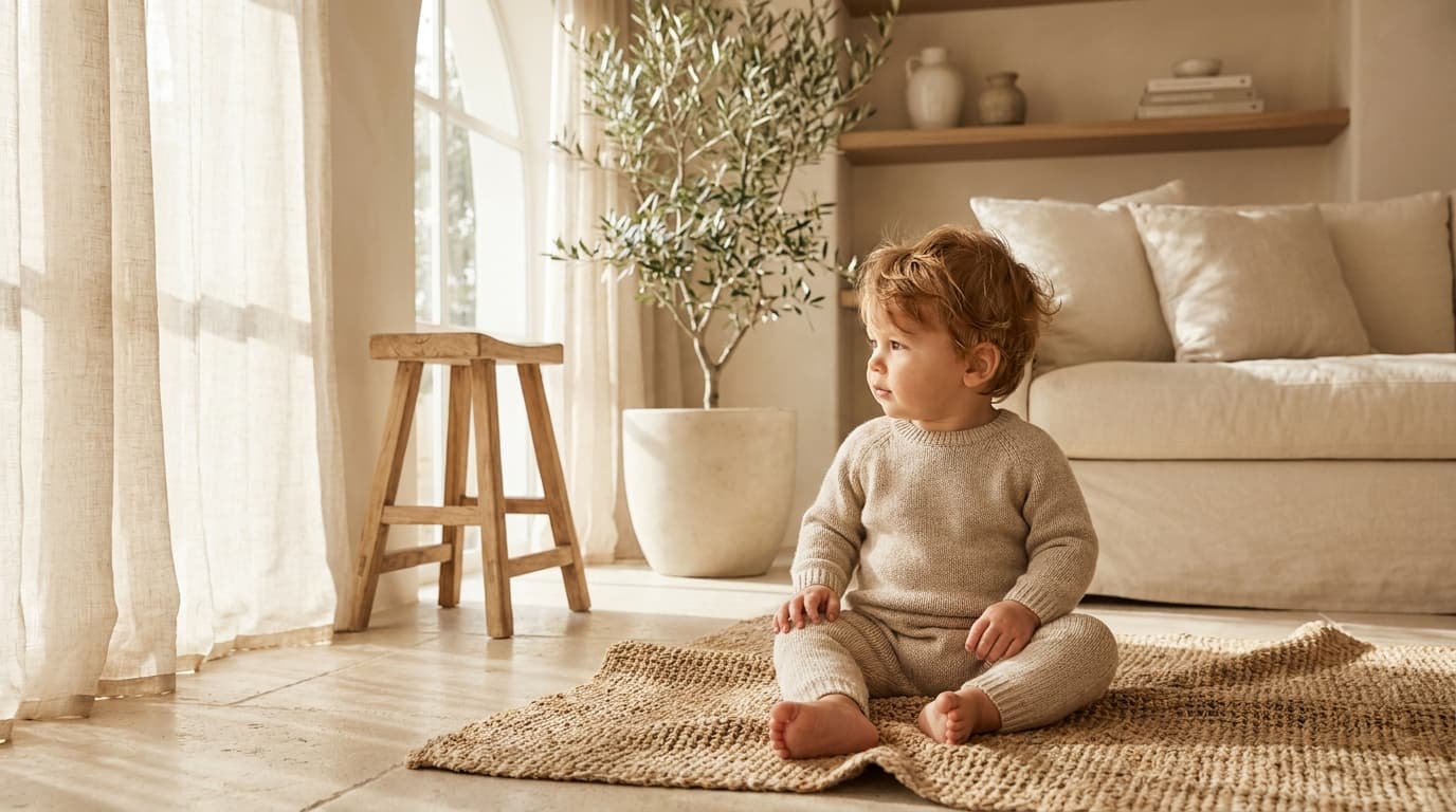Bébé garçon assis sur un tapis en jute, salon lumineux aux tons beige et crème (image générée par IA)