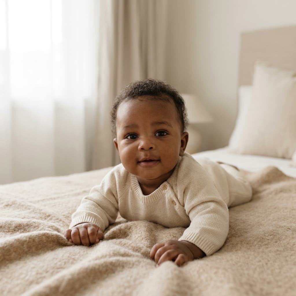 Bébé noir allongé sur un lit beige, regardant l'objectif, lumière naturelle douce (image générée par IA)