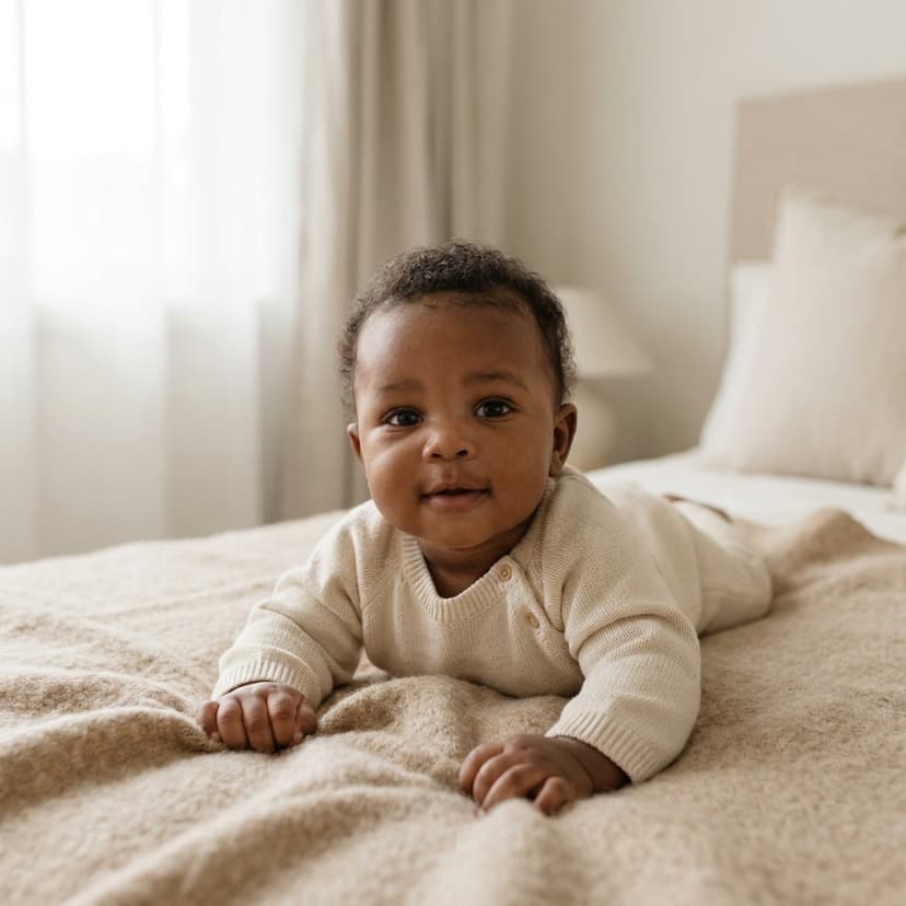 Bébé noir allongé sur un lit beige, regardant l'objectif, lumière naturelle douce (image générée par IA)