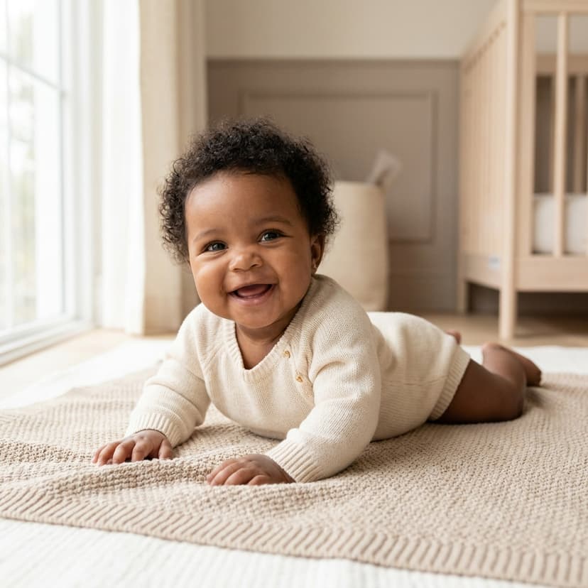 Bébé souriant allongé sur un tapis beige dans une chambre lumineuse (image générée par IA)