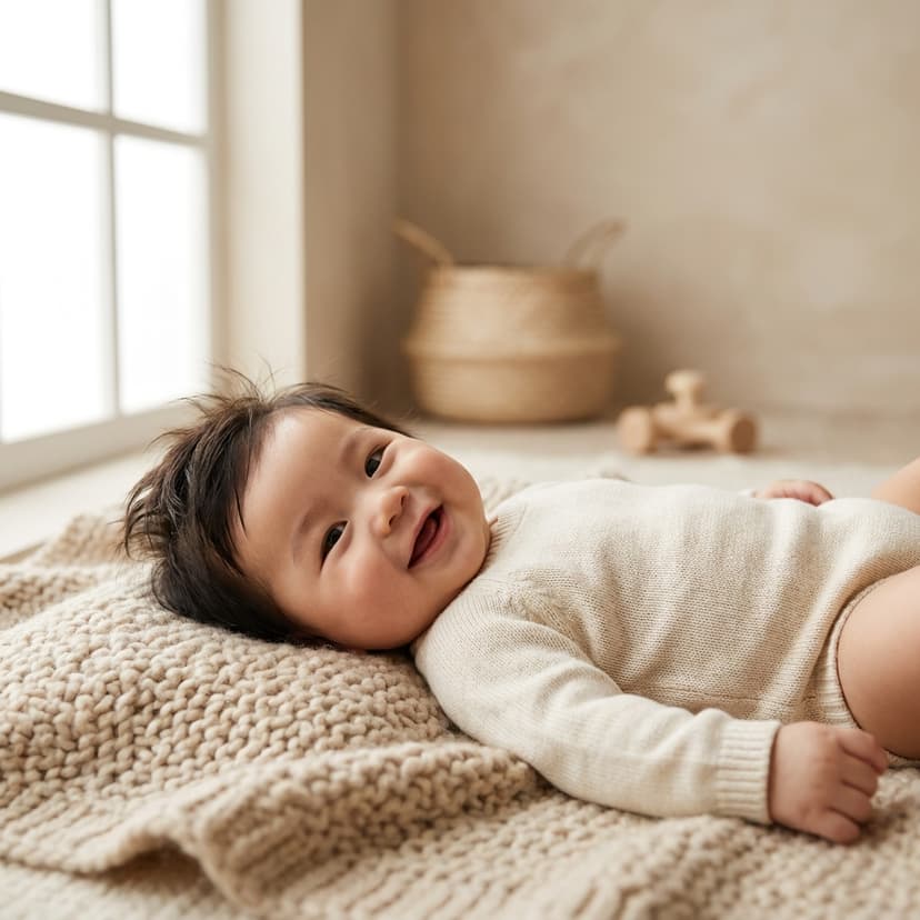 Bébé allongé sur une couverture texturée, souriant près d'une fenêtre lumineuse (image générée par IA)