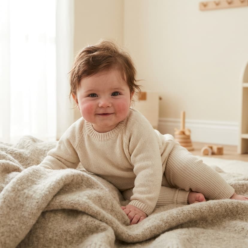 Bébé souriant en pull clair, assis sur une couverture moelleuse près d'une fenêtre (image générée par IA)