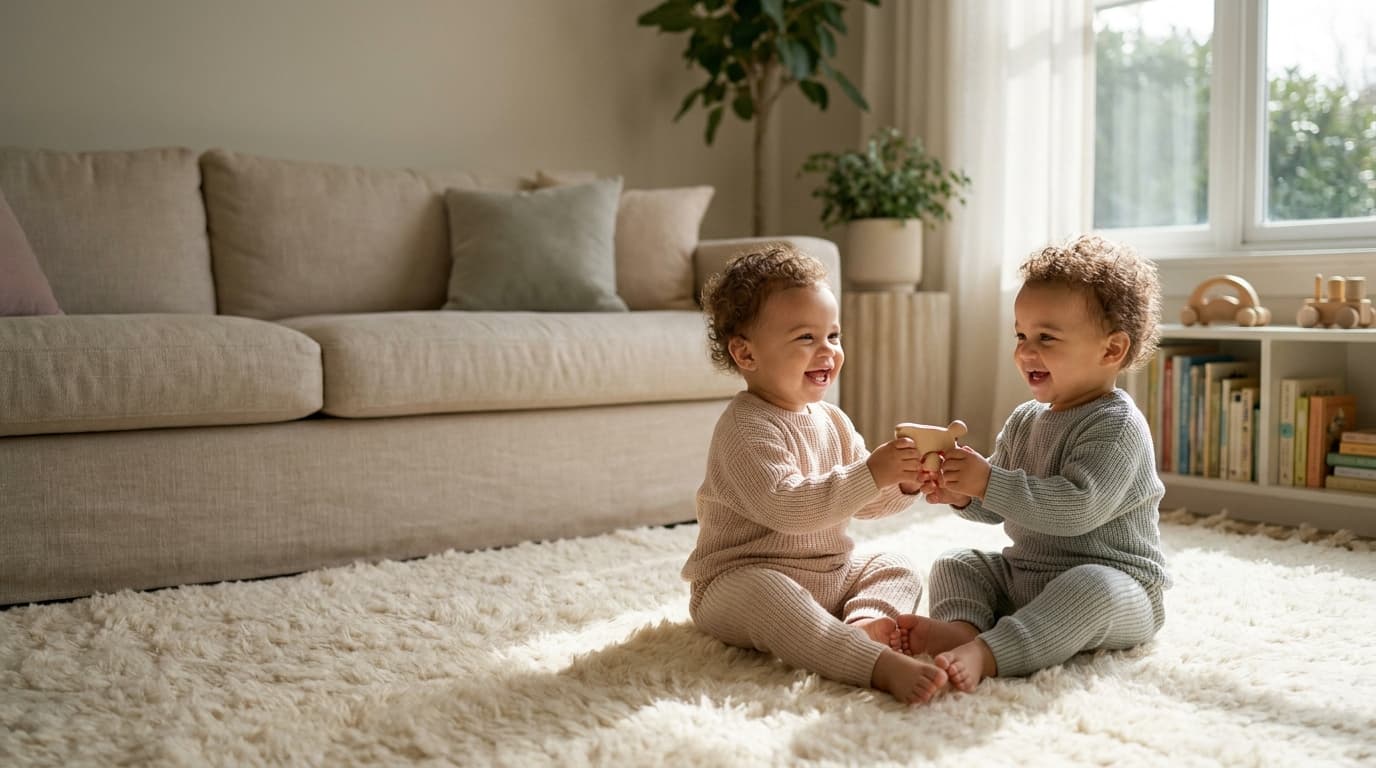 Bébés jumeaux fille et garçon métis assis sur un tapis moelleux jouant avec un petit jouet et souriant (image générée par IA)