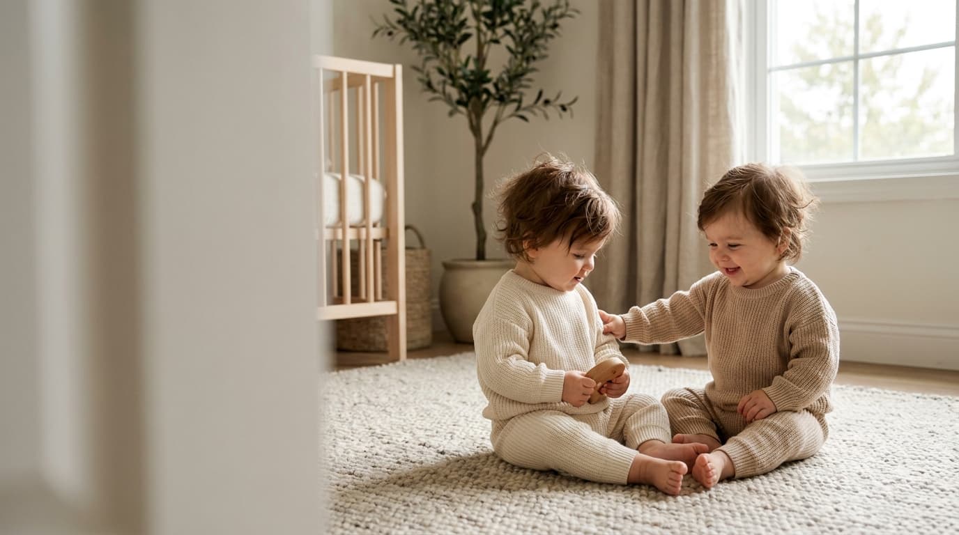 Deux bébés jumelles assises sur un tapis moelleux, l'une tend la main vers l'autre près d'une fenêtre (image générée par IA)