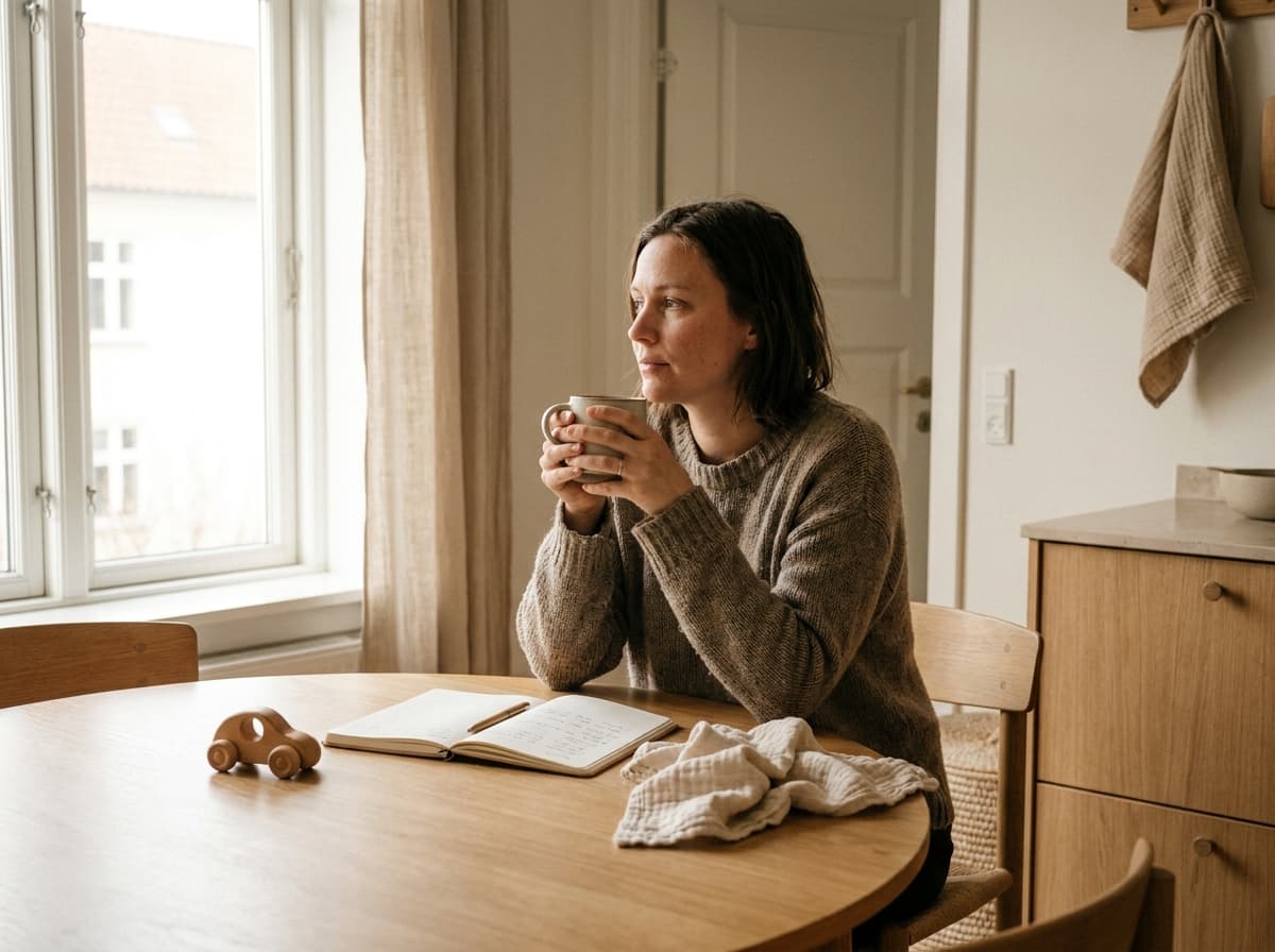 Femme assise à une table de cuisine, tenant une tasse devant un carnet et un jouet d'enfant